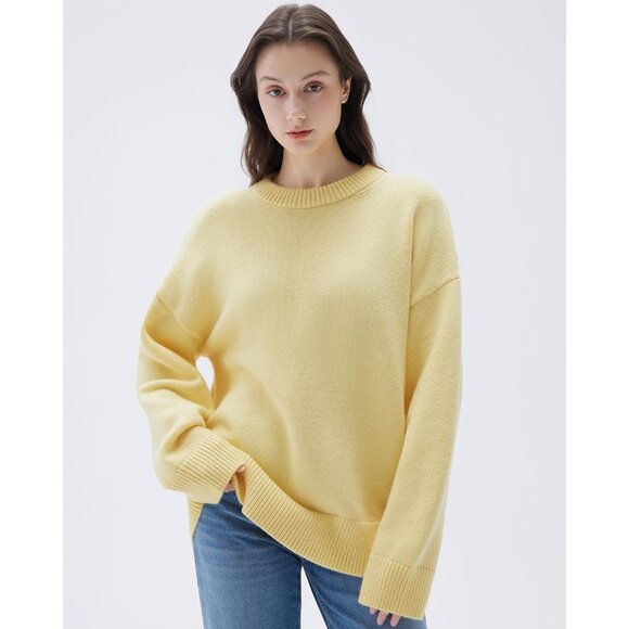 Women Cashmere Blend Oversized Crew Neck light Yellow Soft Warm Pullover Sweater - Picture 4 of 6